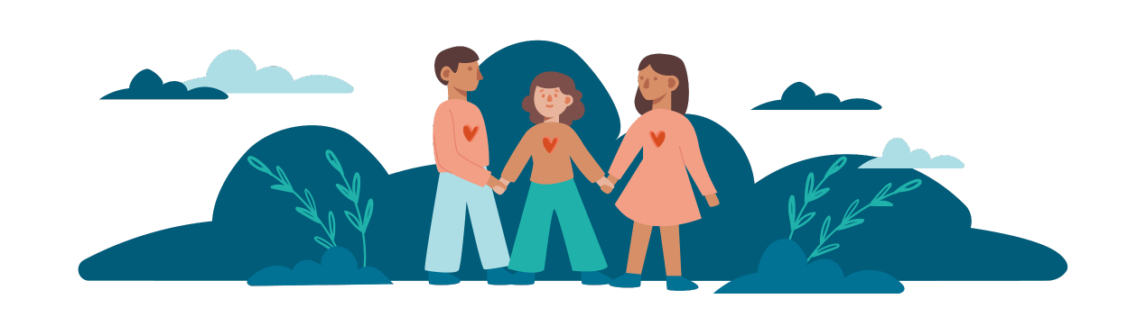 graphic of 3 people holding hands with hearts on their shirts