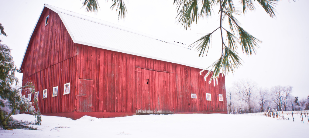 December snow covered barn
