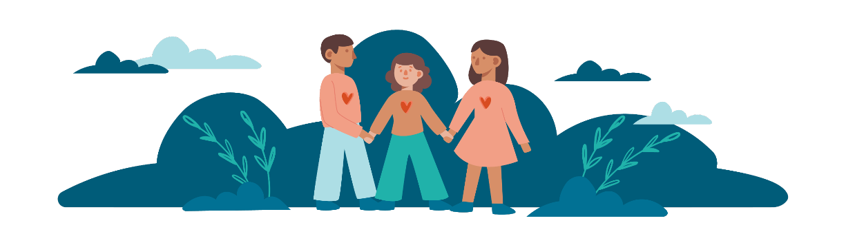 graphic of 3 people with hearts on their shirts, holding hands.